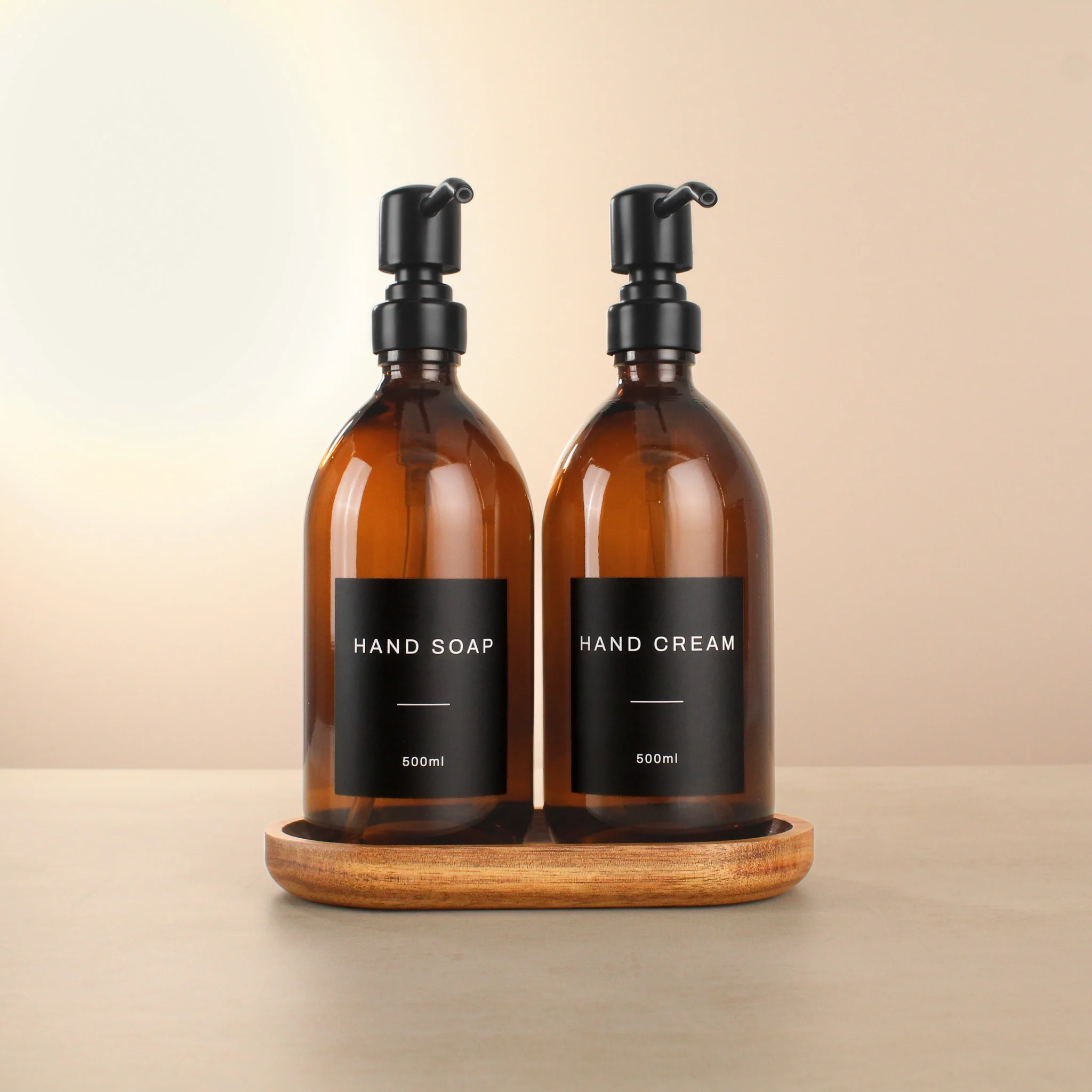 Acacia Tray & Amber Glass Dispenser Double Set - Image 4