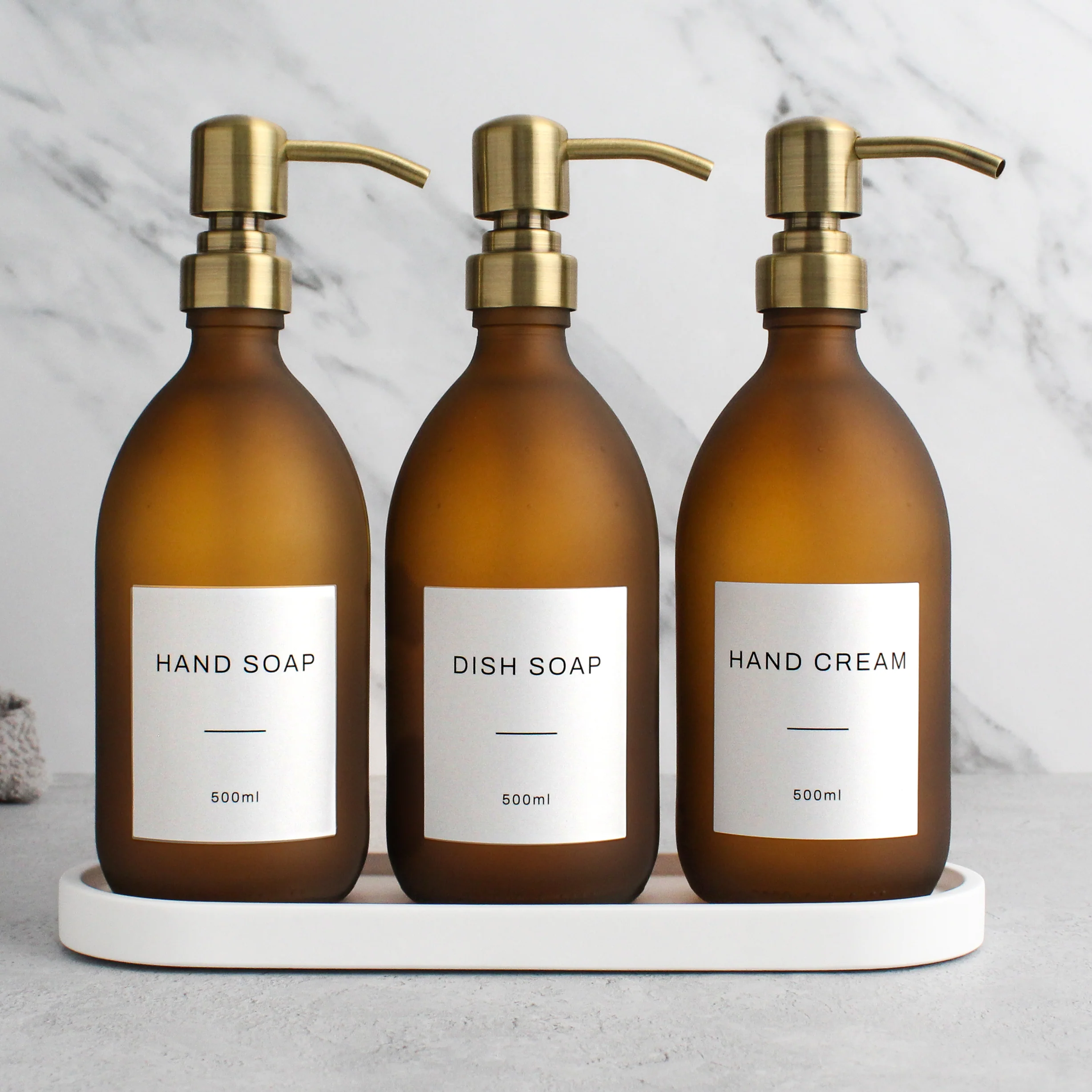 White Tray & Frosted Amber Dispenser Triple Set