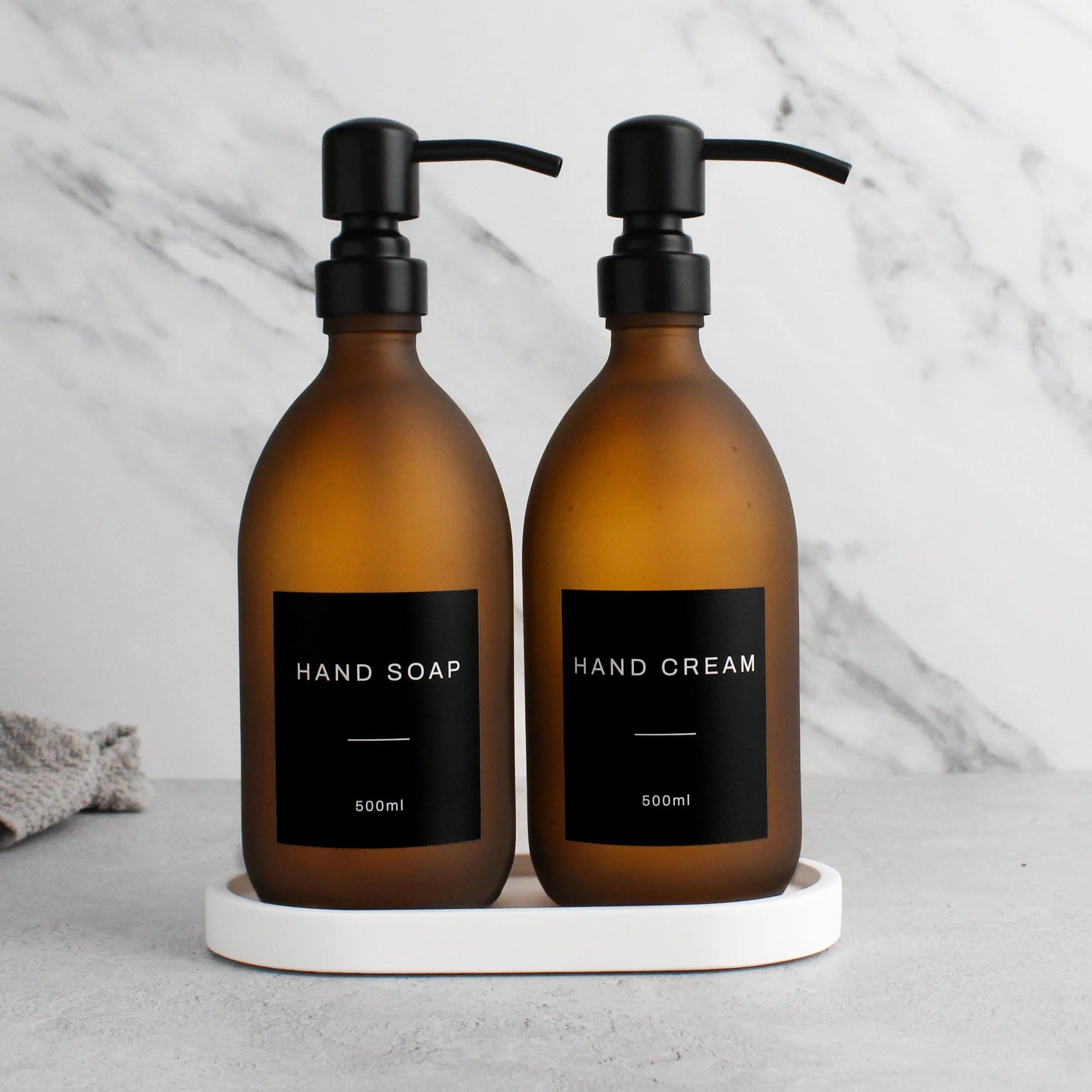 White Tray & Frosted Amber Glass Dispenser Double Set - Image 2